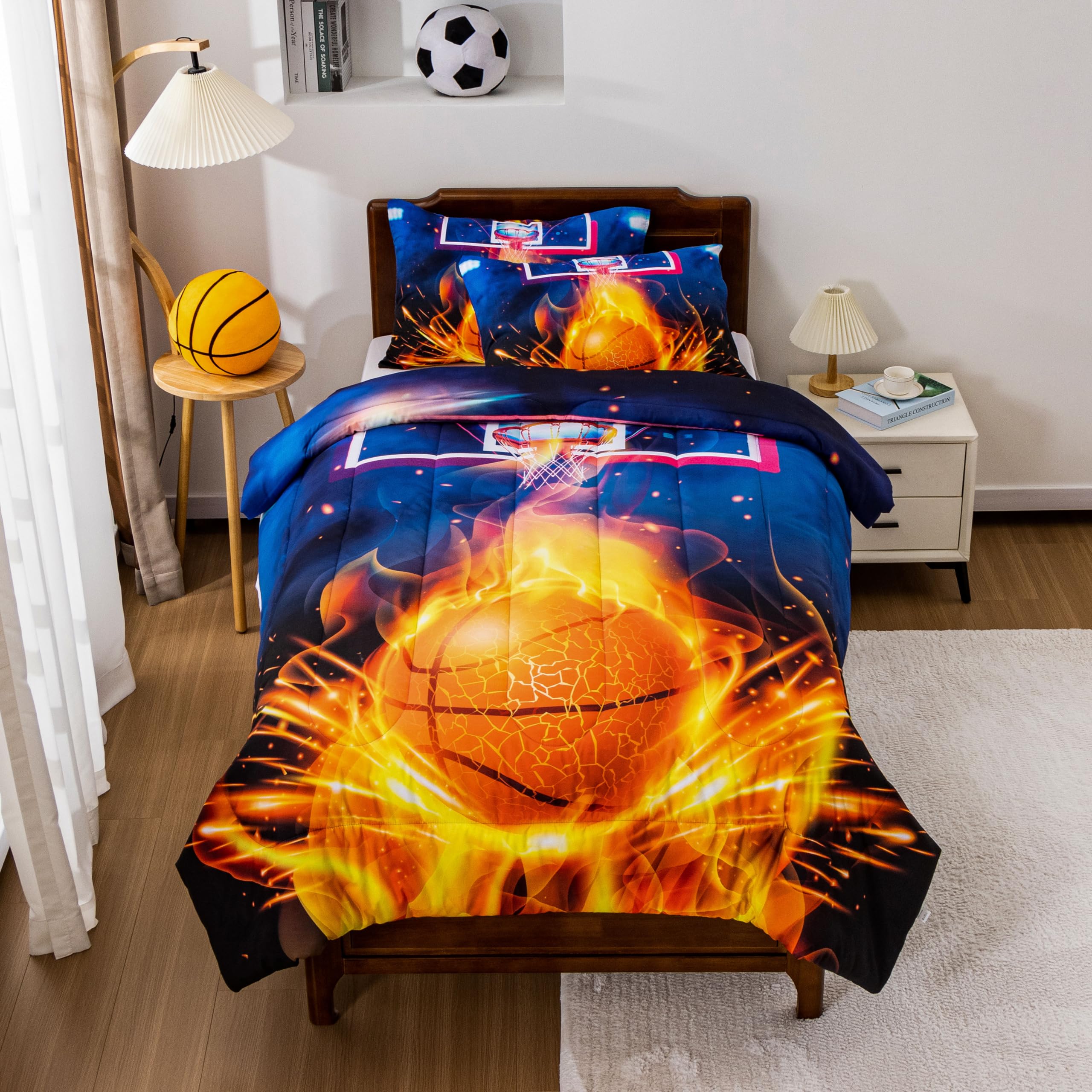 Btargot Basketball Fire Court Comforter Sets Twin For Boys Teens,Ball Sports Games Print, Basketball Hoop Bedding Home Decor